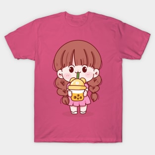 Cute kid girl holding bubble milk tea T-Shirt